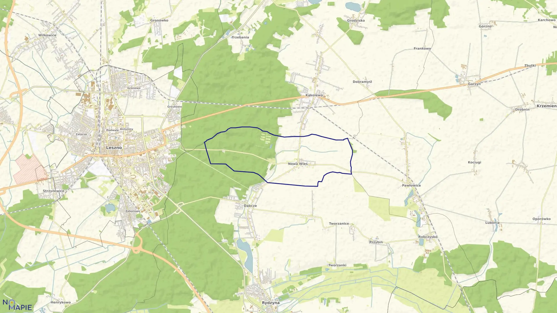 Mapa obrębu Nowawieś w gminie Rydzyna