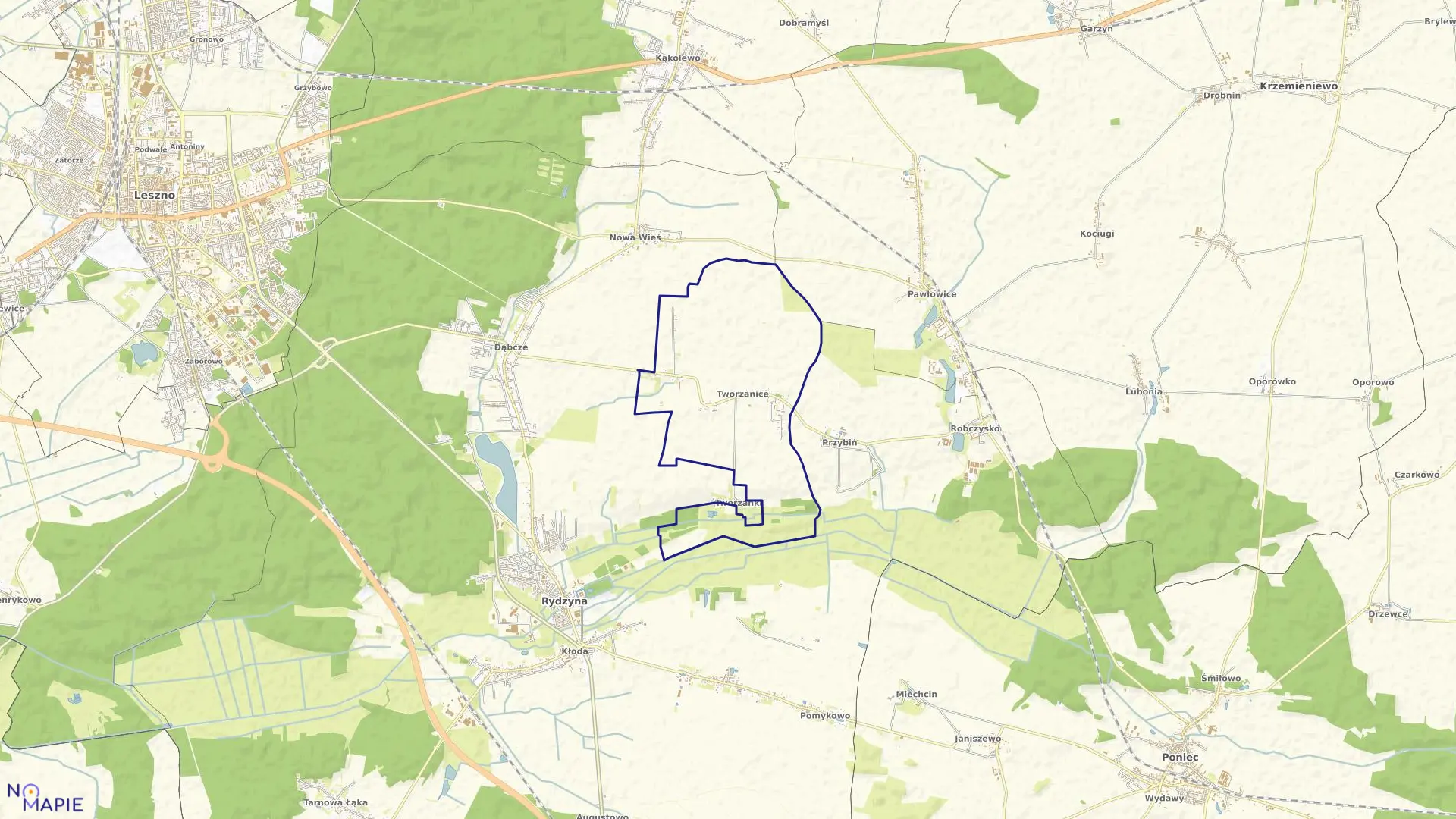 Mapa obrębu Tworzanice w gminie Rydzyna